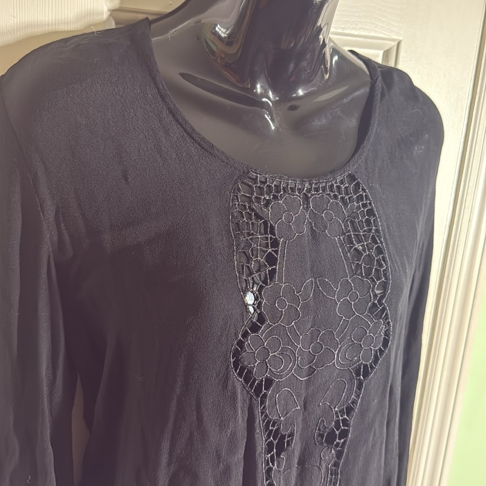 Monteau Black Semi Sheer Embroidered Cut Out Long Sleeve Boho Gypsy Top Size Med - Picture 2 of 13